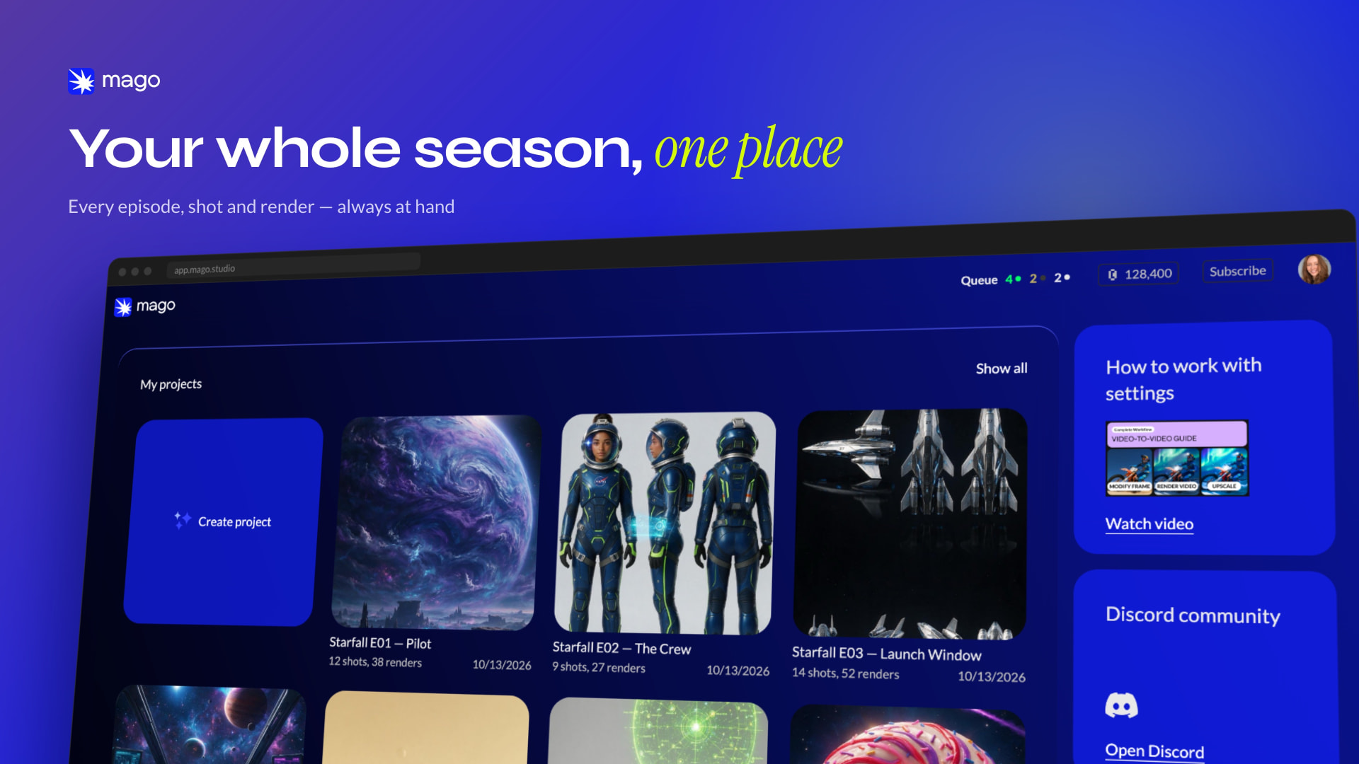Mago projects: episodes, shots and renders in one place